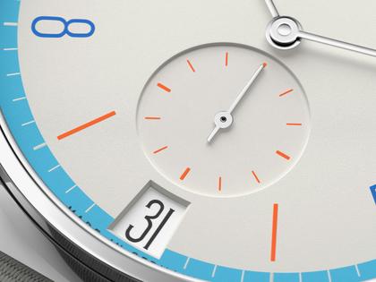 Nomos Glashütte Tangente 38 Datum "175 Years Watchmaking - Peace" Handaufzug Edelstahl cremeweißes Zifferblatt graues Textilband Glasboden – Herrenuhren Uhr mit Datum aus Edelstahl. Das Gehäuse ist rund und silber. Das Textilarmband ist grau. Das Zifferblatt ist arabisch Index und beige. – Ansicht 5