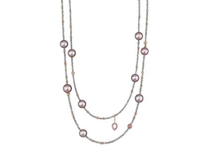 Gellner Castaway Collier Roségold 100cm mit rosa Mingperlen und Diamanten 32,87ct – Halsschmuck Collier in roségold und aus 750 Rotgold.
