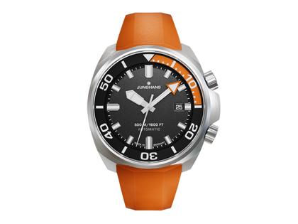 Junghans Aquaris Diver Automatik Edelstahl 47mm schwarzes Zifferblatt Metallband und orangefarbenes Kautschukband – Herrenuhren Uhr mit Datum aus Edelstahl und Kautschuk. Das Gehäuse ist rund und silber. Das Edelstahlarmband ist silber. Das Zifferblatt ist ein Index in schwarz. – Ansicht 2