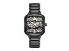 Rado True Square Skeleton Automatik Keramik 38mm skelettiertes Zifferblatt schwarzes Keramikband – Herrenuhren Uhr ohne Datum aus Keramik und Titan. Das Gehäuse ist quadratisch und grau. Das Keramikarmband ist schwarz. Das Zifferblatt ist skelettiert und schwarz.
