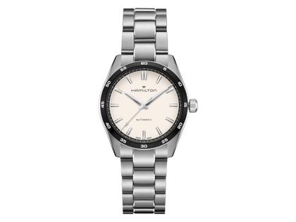 Hamilton Jazzmaster Performer Automatik Edelstahl 38mm weißes Zifferblatt Metallband – Herrenuhren Uhr ohne Datum aus Edelstahl und PVD beschichtet. Das Gehäuse ist rund und silber. Das Edelstahlarmband ist silber. Das Zifferblatt ist arabisch Index und weiß.