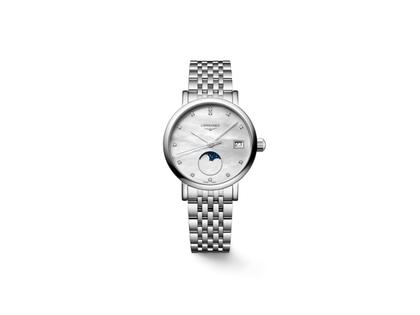 Longines Elegant Collection Quarz Edelstahl 30mm weißes Perlmutt-Zifferblatt Metallband – Damenuhren Uhr mit Datum aus Edelstahl. Das Gehäuse ist rund und silber. Das Edelstahlarmband ist silber. Das Zifferblatt ist ein Index in weiß.