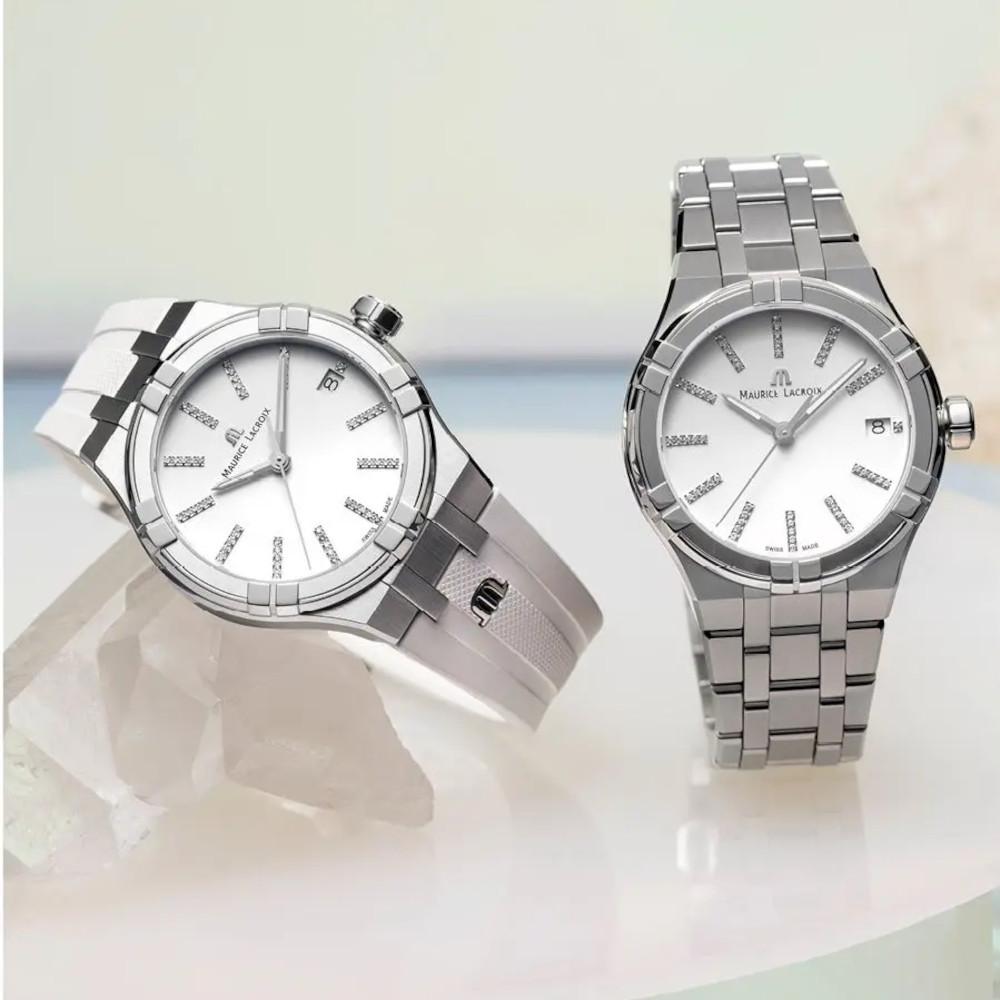 Maurice Lacroix Aikon Quartz Edelstahl 35mm weißes Zifferblatt Metallband – Damenuhren Uhr mit Datum aus Edelstahl. Das Gehäuse ist rund und silber. Das Edelstahlarmband ist silber. Das Zifferblatt ist ein Index in weiß. – Ansicht 2