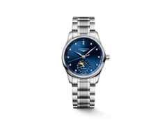 Longines Master Collection Automatik Edelstahl 34mm blaues Zifferblatt mit Diamanten Metallband – Damenuhren Uhr mit Datum aus Edelstahl. Das Gehäuse ist rund und silber. Das Edelstahlarmband ist silber. Das Zifferblatt ist ein Index in blau.