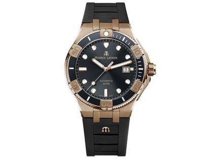 Maurice Lacroix Aikon Venturer Automatik Bronze 43mm graues Zifferblatt schwarzes Lederband und Kautschukband limitiert – Herrenuhren Uhr mit Datum aus Bronze. Das Gehäuse ist rund und roségold. Das Lederarmband ist schwarz. Das Zifferblatt ist ein Index in grau. – Ansicht 2