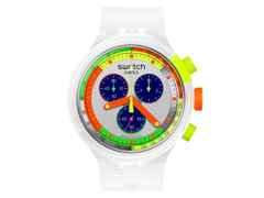 Swatch Neon Jelly Quarz Kunststoff 47mm mehrfarbiges Zifferblatt weißes Silikonband – Herrenuhren Chronograph aus Bio-Kunststoff und Kunststoff. Das Gehäuse ist rund und weiß. Das Kautschuk / Kunststoff / Silikon Armband ist weiß. Das Zifferblatt ist arabisch Index und mehrfarbig.