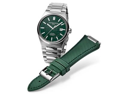 Frederique Constant Highlife Automatic Chronometer Edelstahl 41mm dunkelgrünes Zifferblatt Metallband und Kautschukband – Herrenuhren Uhr mit Datum aus Edelstahl und Kautschuk. Das Gehäuse ist rund und silber. Das Edelstahlarmband ist silber. Das Zifferblatt ist ein Index in grün. – Ansicht 2
