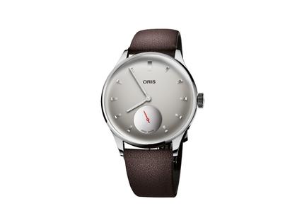 Oris Artelier Hölstein Edition 2026 Automatik Edelstahl 39,5mm graues Zifferblatt braunes Lederband limitiert – Herrenuhren Uhr ohne Datum aus Edelstahl und Leder. Das Gehäuse ist rund und silber. Das Lederarmband ist braun. Das Zifferblatt ist ein Index in grau.