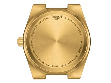 Tissot PRX Quarz Edelstahl 35mm goldenes Zifferblatt Metallband – Damenuhren Uhr mit Datum aus Edelstahl. Das Gehäuse ist rund und gelbgold. Das Edelstahlarmband ist silber. Das Zifferblatt ist ein Index in gelbgold. – Ansicht 3