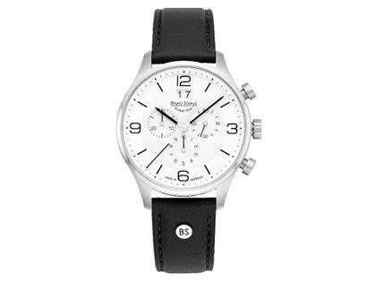 Bruno Söhnle Glashütte Padua Quarz Chronograph Edelstahl weiß Lederband schwarz – Herrenuhren Chronograph aus Edelstahl. Das Gehäuse ist rund und silber. Das Lederarmband ist schwarz. Das Zifferblatt ist arabisch Index und weiß.