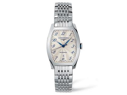 Longines Evidenza Damenuhr M beige arabisch guillochiert Metallband – Damenuhren Uhr mit Datum aus Edelstahl. Das Armband ist ein Edelstahlarmband. Der Zifferblatt ist arabisch.