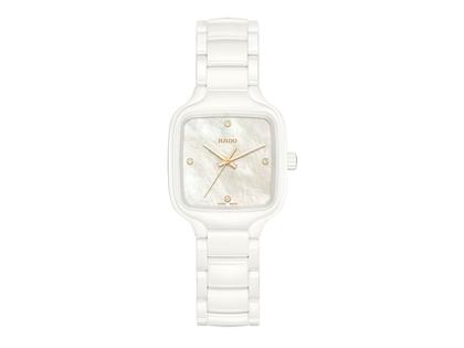 Rado True Square Quarz Keramik weiß Perlmutt Keramikband mit Brillanten – Damenuhren Uhr ohne Datum aus Keramik. Das Gehäuse ist quadratisch und weiß. Das Keramikarmband ist weiß. Das Zifferblatt ist ein Index in weiß.