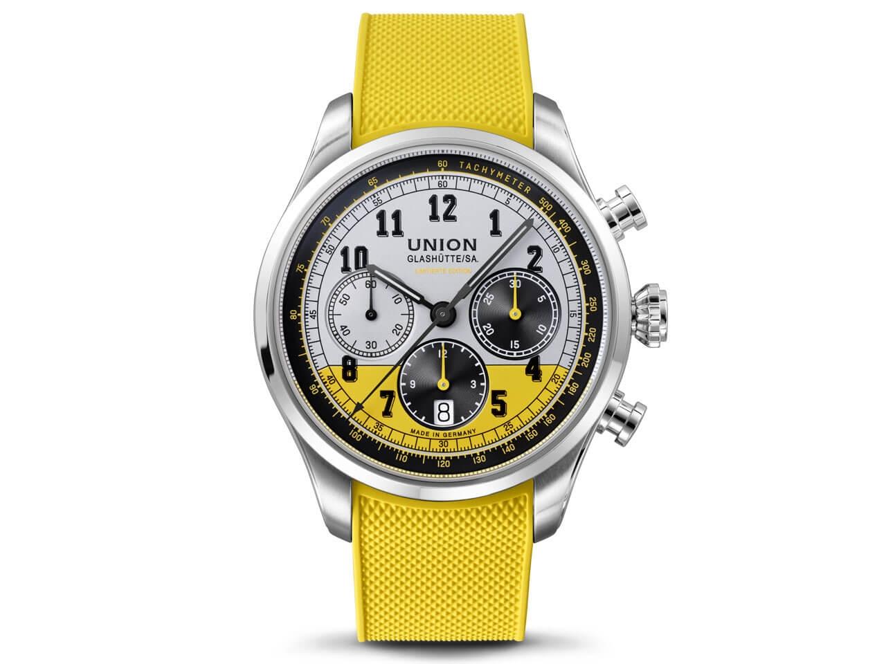 Union Glashütte Belisar Chronograph Speedster Limited Edition 2022 – Herrenuhren Chronograph aus Edelstahl. Das Gehäuse ist rund und silber. Das Lederarmband ist schwarz. Das Zifferblatt ist arabisch Index und gelb. – Ansicht 5