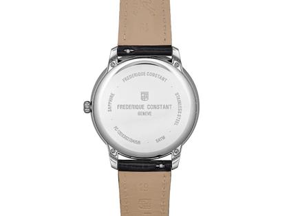 Frederique Constant Classics Moneta Solarmetre Quarz Edelstahl 39mm rotes Zifferblatt schwarzes Lederband und Metallband – Herrenuhren Uhr mit Datum aus Edelstahl. Das Gehäuse ist rund und silber. Das Lederarmband ist schwarz. Das Zifferblatt ist ein Index in rot. – Ansicht 3