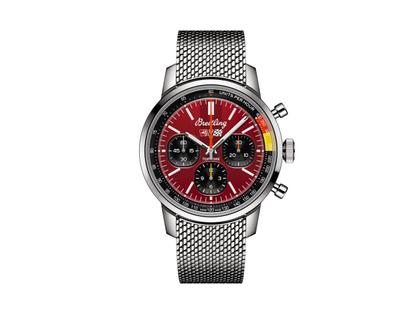 Breitling Top Time B01 Chevrolet Corvette Automatik Edelstahl 41mm rotes Zifferblatt Metallband – Herrenuhren Chronograph aus Edelstahl. Das Gehäuse ist rund und silber. Das Edelstahlarmband ist silber. Das Zifferblatt ist ein Index in rot.