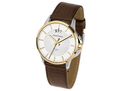 Jacques Lemans Quarz Sydney  IP gelb Edelstahl weiß Lederband – Herrenuhren Uhr mit Datum aus Edelstahl und IP beschichtet. Das Gehäuse ist rund und silber-gelbgold. Das Lederarmband ist braun. Das Zifferblatt ist ein Index in weiß.