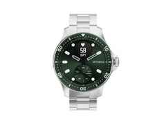 Withings ScanWatch Horizon Edelstahl 43mm grünes Zifferblatt Metallband – Herrenuhren Uhr Multifunktion aus Edelstahl. Das Gehäuse ist rund und silber. Das Edelstahlarmband ist silber. Das Zifferblatt ist analog digital und grün.