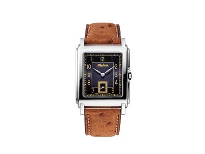 Alpina Alpiner Heritage Carrée Automatik Edelstahl 32,5x39mm schwarzes Zifferblatt braunes Lederband – Herrenuhren Uhr ohne Datum aus Edelstahl und Leder. Das Gehäuse ist rechteckig und silber. Das Lederarmband Strauß ist braun. Das Zifferblatt ist arabisch und schwarz.