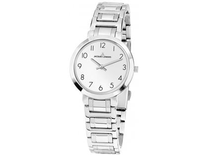 Jacques Lemans Quarz Milano    Arabisch Edelstahl silber Edelstahlband – Damenuhren Uhr ohne Datum aus Edelstahl. Das Gehäuse ist rund und silber. Das Edelstahlarmband ist silber. Das Zifferblatt ist arabisch und silber.