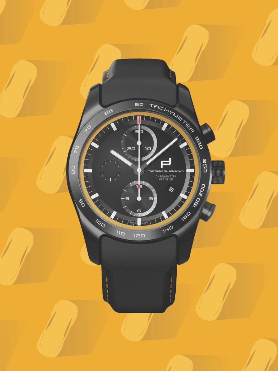 Porsche Design Custom Built Timepieces Watchmakers Choice "SpeedGelb" Chronograph Automatik Titan Schwarz 42mm schwarzes Zifferblatt schwarzes Lederband – Herrenuhren Chronograph aus Edelstahl, Leder, Titan und Titancarbid beschichtet. Das Gehäuse ist rund und schwarz. Das Lederarmband ist schwarz. Das Zifferblatt ist ein Index in schwarz. – Ansicht 5