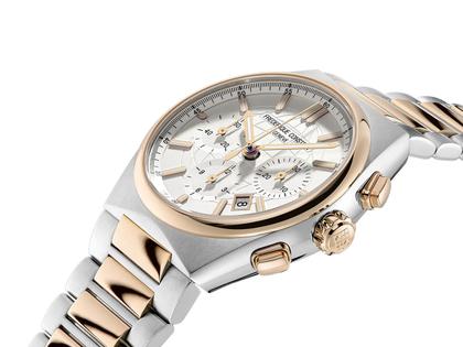Frederique Constant Highlife Chronograph Automatic Edelstahl 41mm Roségold-PVD silberfarbenes Zifferblatt Metallband – Herrenuhren Chronograph aus Edelstahl, Kautschuk und PVD beschichtet. Das Gehäuse ist rund und silber-roségold. Das Edelstahlarmband ist silber-roségold. Das Zifferblatt ist ein Index in silber. – Ansicht 3