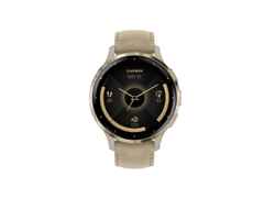 Garmin Venu 3S faserverstärktes Polymer French Grey 41mm beigefarbenes Lederband – Herrenuhren Uhr Multifunktion aus Edelstahl, Kautschuk, Kunststoff, Leder und PVD beschichtet. Das Gehäuse ist rund und beige. Das Lederarmband ist beige. Das Zifferblatt ist digital und schwarz.