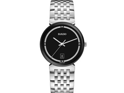 Rado Florence Quarz Edelstahl 38mm schwarzes Zifferblatt Metallband – Damenuhren Uhr mit Datum aus Edelstahl und rhodiniert. Das Gehäuse ist rund und silber. Das Edelstahlarmband ist silber. Das Zifferblatt ist ein Index in schwarz.