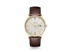 Sternglas Berlin Quarz Edelstahl Gelbgold-PVD 38mm beiges Zifferblatt braunes Lederband – Herrenuhren Uhr mit Datum aus Edelstahl, Leder und PVD beschichtet. Das Gehäuse ist rund und gelbgold. Das Lederarmband ist braun. Das Zifferblatt ist arabisch Index und beige.