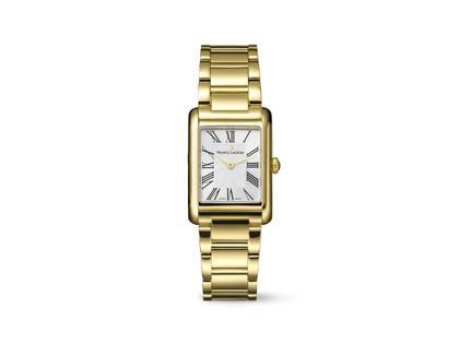 Maurice Lacroix Fiaba Square Quarz Edelstahl Gelbgold-PVD 24x34mm silbernes Zifferblatt Metallband – Damenuhren Uhr ohne Datum aus Edelstahl und PVD beschichtet. Das Gehäuse ist rechteckig und gelbgold. Das Edelstahlarmband ist gelbgold. Das Zifferblatt ist römisch und silber.