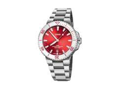 Oris Aquis Date Taste of Summer Automatik Edelstahl 41,5mm rotes Zifferblatt Metallband – Herrenuhren Uhr mit Datum aus Edelstahl und Keramik. Das Gehäuse ist rund und silber. Das Edelstahlarmband ist silber. Das Zifferblatt ist ein Index in rot.