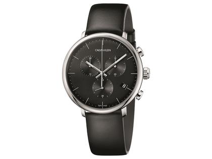 CK Herrenchronograph High Noon Edelstahl schwarz – Herrenuhren Chronograph aus Edelstahl. Das Gehäuse ist rund und silber. Das Lederarmband ist schwarz. Das Zifferblatt ist ein Index in schwarz.