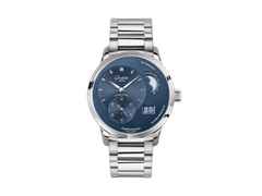 Glashütte Original PanoMaticLunar Automatik Edelstahl 40mm blaues Zifferblatt Metallband – Herrenuhren Uhr mit Datum aus Edelstahl. Das Gehäuse ist rund und silber. Das Edelstahlarmband ist silber. Das Zifferblatt ist ein Index in blau.