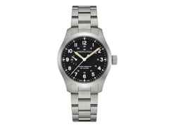 Hamilton Khaki Field Mechanical Power Reserve Handaufzug Edelstahl 40mm schwarzes Zifferblatt Metallband – Herrenuhren Uhr ohne Datum aus Edelstahl. Das Gehäuse ist rund und silber. Das Edelstahlarmband ist silber. Das Zifferblatt ist arabisch und schwarz.