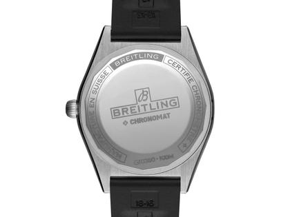 Breitling Chronomat Automatic 36 Edelstahl blaues Zifferblatt mit Brillanten schwarzes Kautschukband – Damenuhren Uhr mit Datum aus 750 Weißgold, Edelstahl und Kautschuk. Das Gehäuse ist rund und silber. Das Kautschuk / Kunststoff / Silikon Armband ist schwarz. Das Zifferblatt ist ein Index in blau. – Ansicht 4