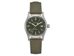 Hamilton Khaki Field Mechanical Handaufzug Edelstahl 38mm grünes Zifferblatt grünes Lederband – Herrenuhren Uhr mit Datum aus Edelstahl. Das Gehäuse ist rund und silber. Das Textilarmband ist grün. Das Zifferblatt ist arabisch und grün.