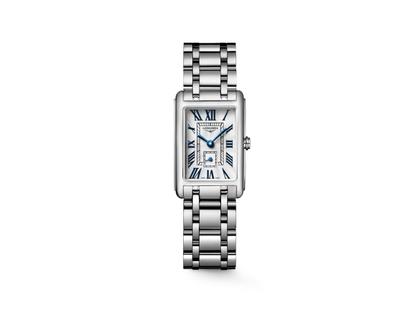 Longines DolceVita Quarz Edelstahl 21x32mm silbernes Zifferblatt Metallband – Damenuhren Uhr ohne Datum aus Edelstahl. Das Gehäuse ist rechteckig und silber. Das Edelstahlarmband ist silber. Das Zifferblatt ist römisch und silber.