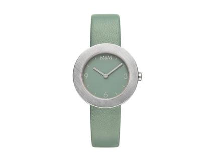 M&M Circle Line Quarz Edelstahl 34mm grünes Zifferblatt grünes Lederband – Damenuhren Uhr ohne Datum aus Edelstahl und Leder. Das Gehäuse ist rund und grau. Das Lederarmband ist grün. Das Zifferblatt ist ohne Zeichen und grün.