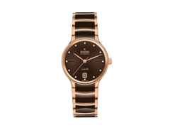 Rado Centrix Diamonds Automatik Edelstahl Roségold-PVD 35mm braunes Zifferblatt mit Brillanten Metallband – Damenuhren Uhr mit Datum aus Edelstahl, Keramik und PVD beschichtet. Das Gehäuse ist rund und roségold. Das Keramikarmband ist braun. Das Zifferblatt ist ein Index in braun.