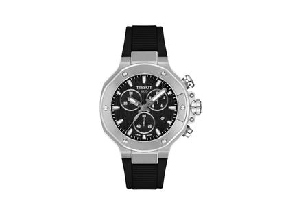 Tissot T-Race Chronograph Quarz Edelstahl 38mm schwarzes Zifferblatt schwarzes Silikonband – Herrenuhren Chronograph aus Edelstahl. Das Gehäuse ist rund und silber. Das Kautschuk / Kunststoff / Silikon Armband ist schwarz. Das Zifferblatt ist ein Index in schwarz.