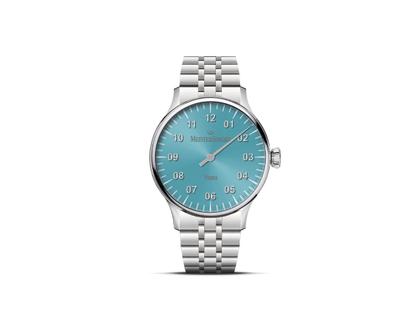 MeisterSinger Yaara Automatik Edelstahl 36mm blaues Zifferblatt Metallband – Damenuhren Uhr ohne Datum aus Edelstahl. Das Gehäuse ist rund und silber. Das Edelstahlarmband ist silber. Das Zifferblatt ist arabisch und blau.