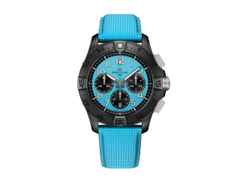 Breitling Avenger B01 Chronograph 42 Automatik Keramik türkises Zifferblatt türkises Lederband – Herrenuhren Chronograph aus Carbon, Edelstahl, Keramik und Titan. Das Gehäuse ist rund und schwarz. Das Lederarmband ist türkis. Das Zifferblatt ist arabisch Index und türkis.