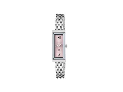 Gucci G-Frame Quarz Edelstahl 14x34mm rosafarbenes Zifferblatt Metallband YA127516 – Damenuhren Uhr ohne Datum aus Edelstahl. Das Gehäuse ist rechteckig und silber. Das Edelstahlarmband ist silber. Das Zifferblatt ist ein Index in rosa.