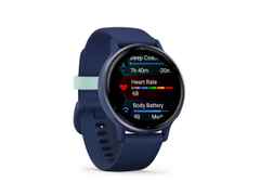 Garmin vívoactive 5 faserverstärktes Polymer marineblau 42mm marineblaues Kautschukband – Damenuhren Uhr Multifunktion aus eloxiertes Aluminium, Kautschuk, Kunststoff und PVD beschichtet. Das Gehäuse ist rund und blau. Das Kautschuk / Kunststoff / Silikon Armband ist blau. Der Zifferblatt ist digital. – Ansicht 7