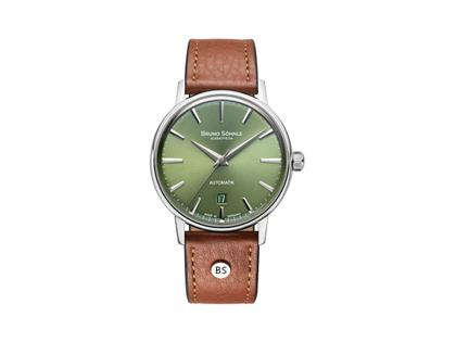 Bruno Söhnle Glashütte Bergamo Automatik Edelstahl 39mm grünes Zifferblatt cognacbraunes Lederband – Herrenuhren Uhr mit Datum aus Edelstahl. Das Gehäuse ist rund und silber. Das Lederarmband ist braun. Das Zifferblatt ist arabisch Index und grün.