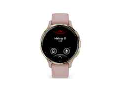 Garmin Venu 3S faserverstärktes Polymer Dust Rose 41mm altrosafarbenes Kautschukband – Herrenuhren Uhr Multifunktion aus Edelstahl, Kautschuk, Kunststoff und PVD beschichtet. Das Gehäuse ist rund und rosa. Das Kautschuk / Kunststoff / Silikon Armband ist rosa. Das Zifferblatt ist digital und schwarz. – Ansicht 2
