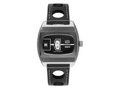 UMF Ruhla Scheibenuhr Automatik mit springender Stunde Edelstahl 41mm schwarzes Zifferblatt schwarzes Lederband limitiert – Herrenuhren Uhr ohne Datum aus Edelstahl, Keramik und Leder. Das Gehäuse ist tonneauform und silber. Das Lederarmband ist schwarz. Das Zifferblatt ist digital und schwarz. – Ansicht 2