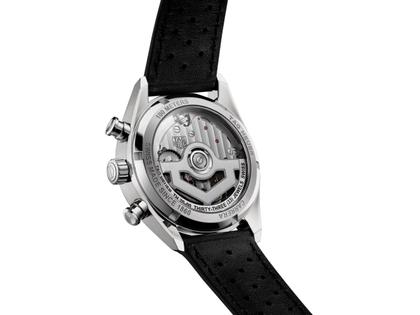 TAG Heuer Carrera Chronograph Automatik Edelstahl 39mm schwarzes Zifferblatt schwarzes Lederband – Herrenuhren Chronograph aus Edelstahl und Leder. Das Gehäuse ist rund und silber. Das Lederarmband ist schwarz. Das Zifferblatt ist ein Index in schwarz. – Ansicht 3