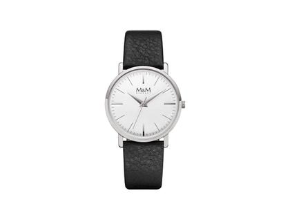 M&M New Classic Quarz Edelstahl 34mm silbernes Zifferblatt schwarzes Lederband – Damenuhren Uhr ohne Datum aus Edelstahl. Das Gehäuse ist rund und silber. Das Lederarmband ist schwarz. Das Zifferblatt ist ein Index in silber.