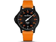 MeisterSinger Unomat Automatik Edelstahl 43mm schwarzes Zifferblatt orangefarbenes Kautschukband limitiert – Herrenuhren Uhr mit Datum aus DLC beschichtet, Edelstahl und Kautschuk. Das Gehäuse ist rund und schwarz. Das Kautschuk / Kunststoff / Silikon Armband ist orange. Das Zifferblatt ist arabisch Index und schwarz.