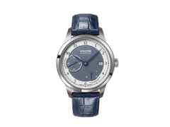 Union Glashütte 1893 Johannes Dürrstein Edition Gangreserve Handaufzug Edelstahl 41mm graues Zifferblatt blaues Lederband – Herrenuhren Uhr mit Datum aus Edelstahl und Leder. Das Gehäuse ist rund und silber. Das Lederarmband ist blau. Das Zifferblatt ist arabisch und grau.